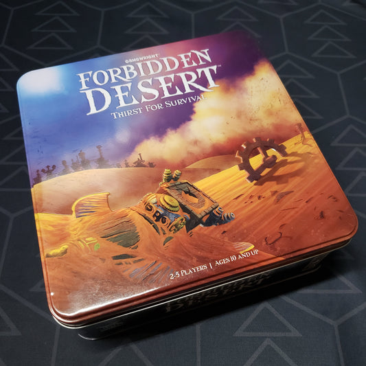 Image shows the front cover of the box of the Forbidden Desert board game