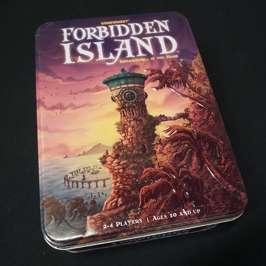 Image shows the front cover of the box of the Forbidden Island board game