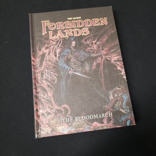 Image shows the front cover of the Bloodmarch book for the Forbidden Lands roleplaying game