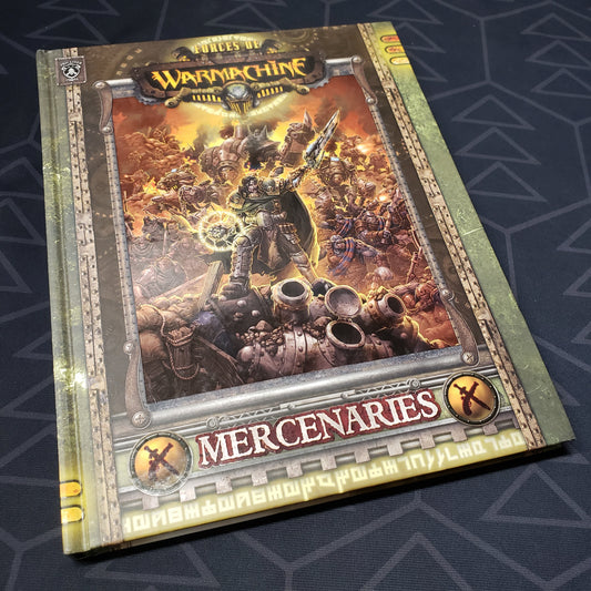 Image shows the front cover of the Forces of Warmachine: Mercenaries wargaming book