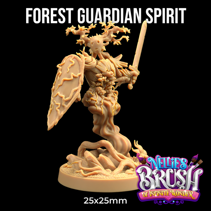 Image shows a 3D render of a forest elemental gaming miniature with a sword and shield