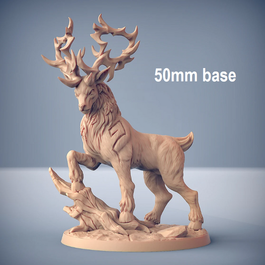 Image shows an 3D render of a stag gaming miniature with one hoof up on a stump