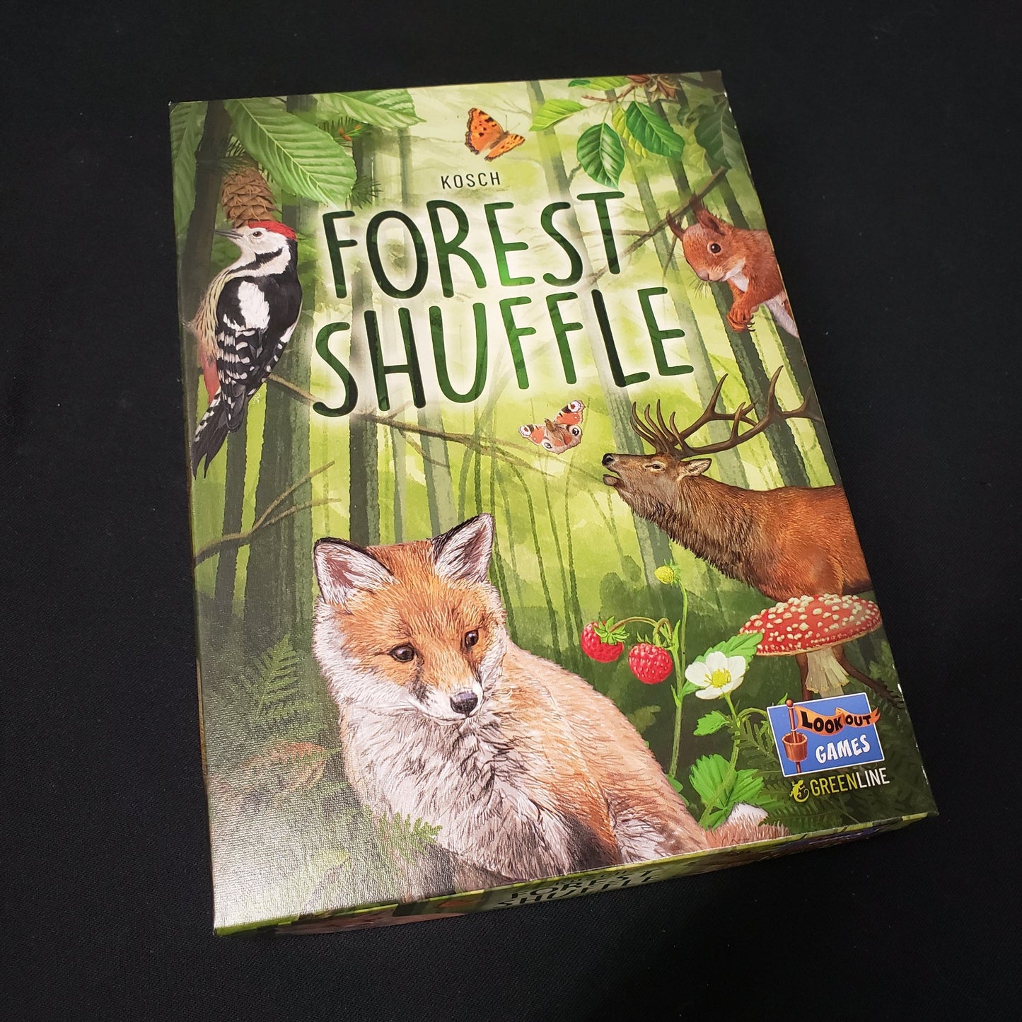 Image shows the front cover of the box of the Forest Shuffle card game