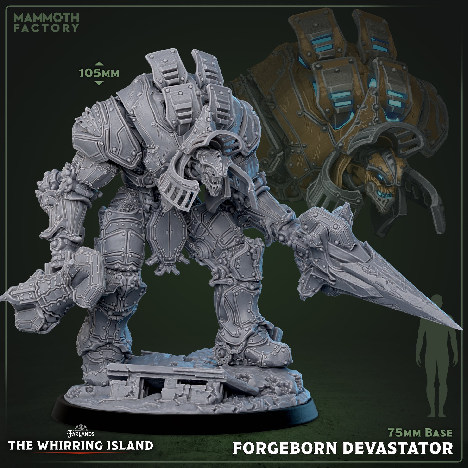 Image shows a 3D render of a mechanized hulk gaming miniature.