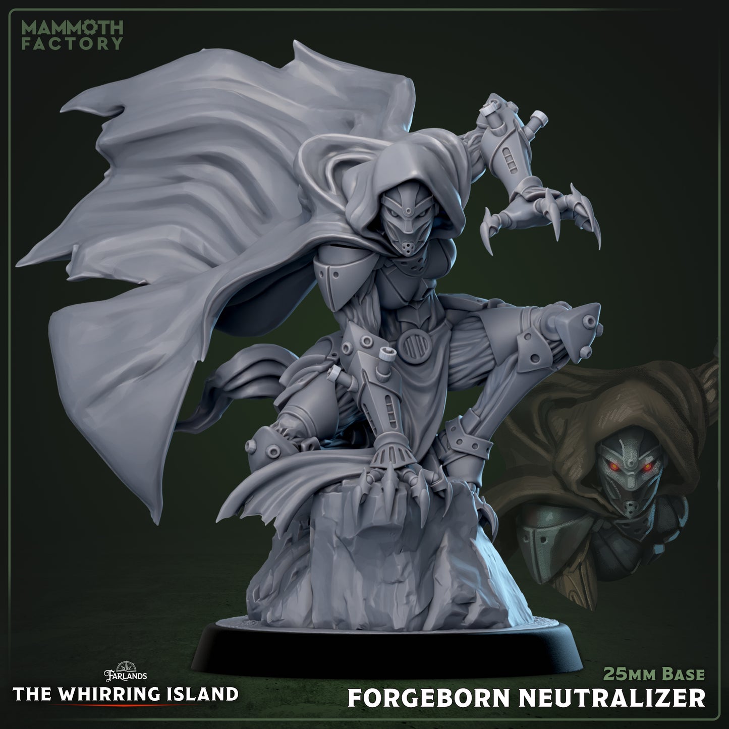 Image shows a 3D render of a perched warforged assassin gaming miniature.