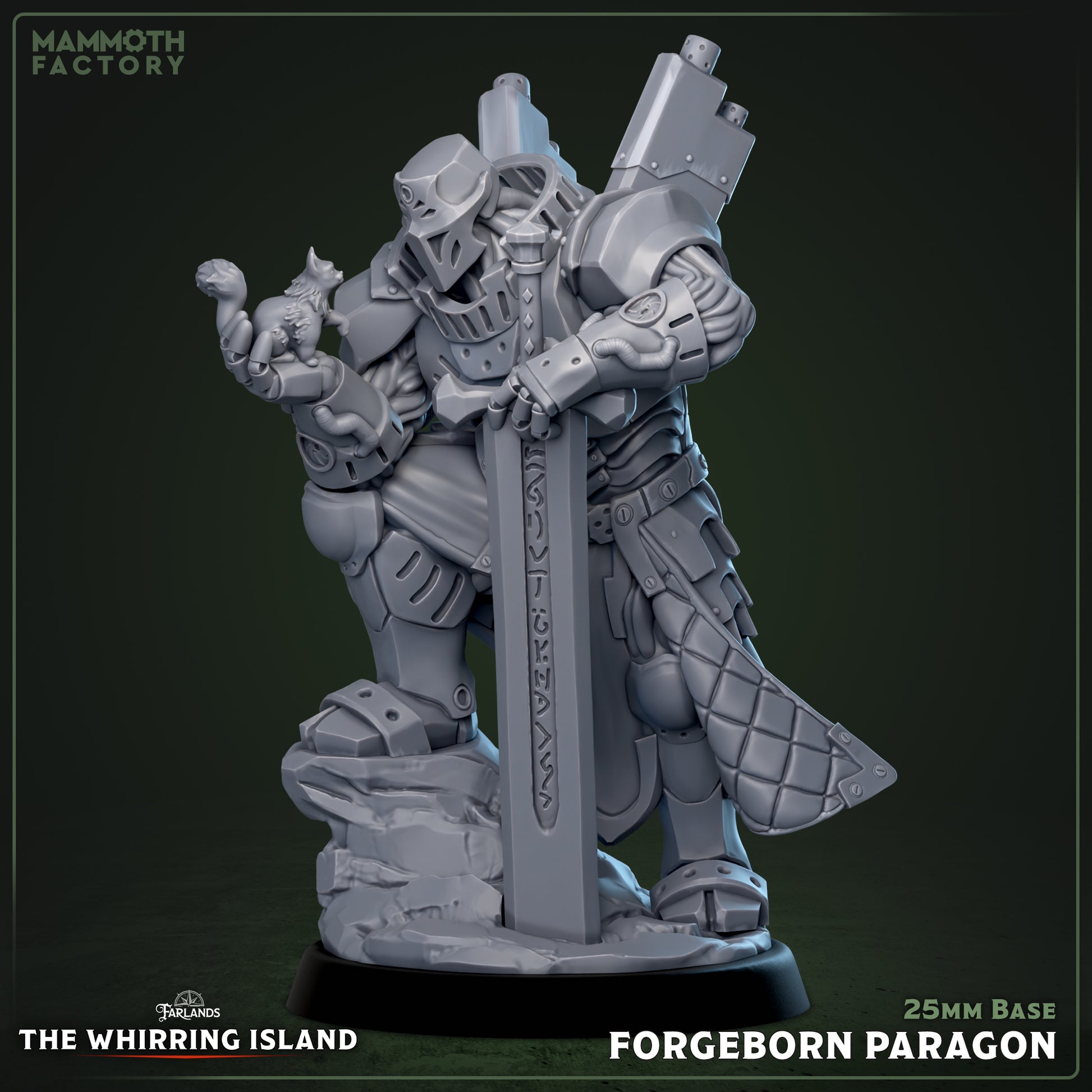 Image shows a 3D render of a warforged paladin gaming miniature holding a kitten