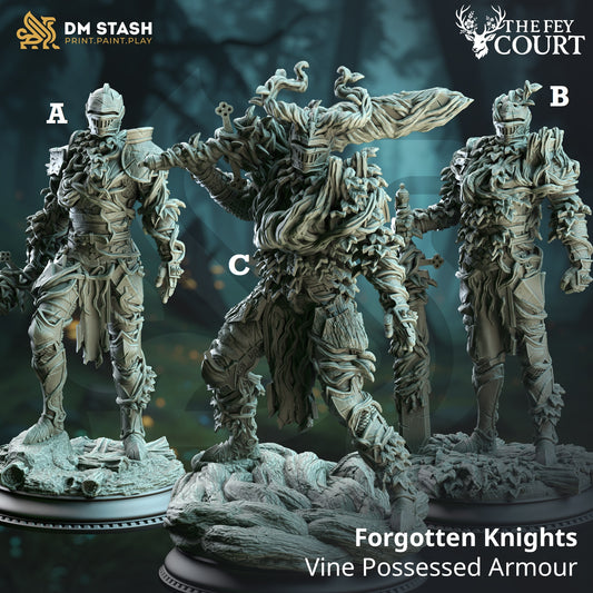 Image shows 3D renders for three different sculpt options of a vine knight gaming miniature.