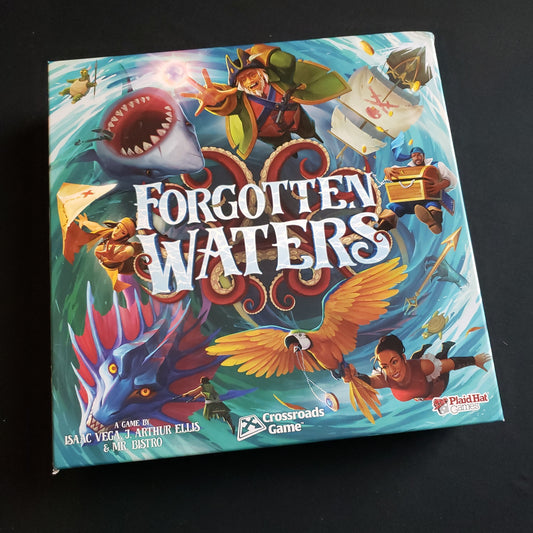 Image shows the front cover of the box of the Forgotten Waters board game