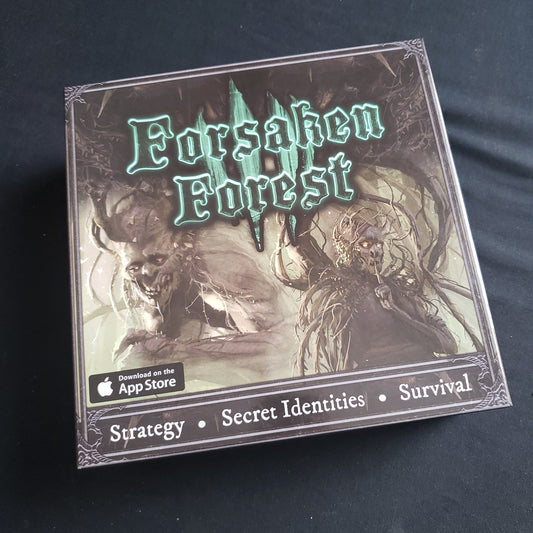 Image shows the front cover of the box of the Forsaken Forest board game