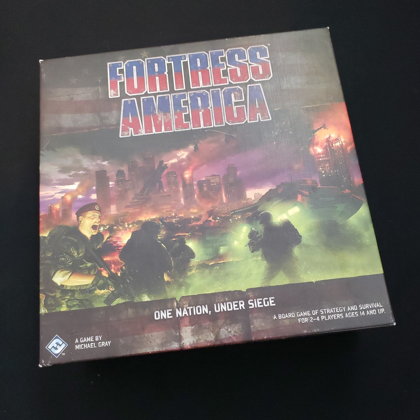 Image shows the front cover of the box of the Fortress America board game