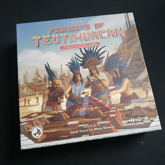 Image shows the front cover of the box of the Founders of Teotihuacan board game