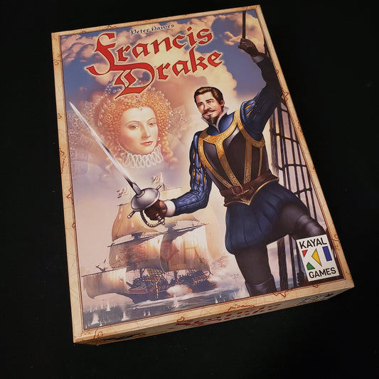 Image shows the front cover of the box of the Francis Drake board game