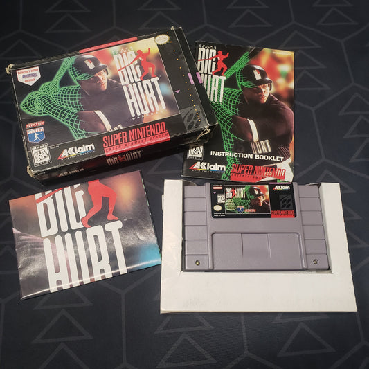 Image shows the box, manual, poster & cartridge for the video game Frank Thomas Big Hurt Baseball for the Super Nintendo