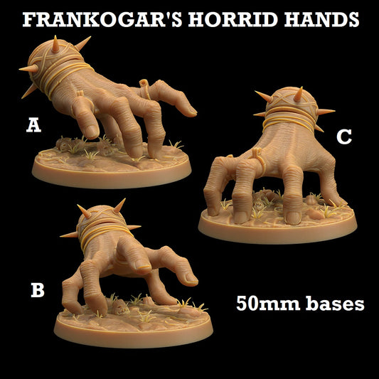 Image shows 3D renders for 3 different sculpt options of a monstrous crawling hand gaming miniature wearing a spiked bracelet