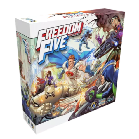 Image shows the front cover of the box of the Freedom Five board game