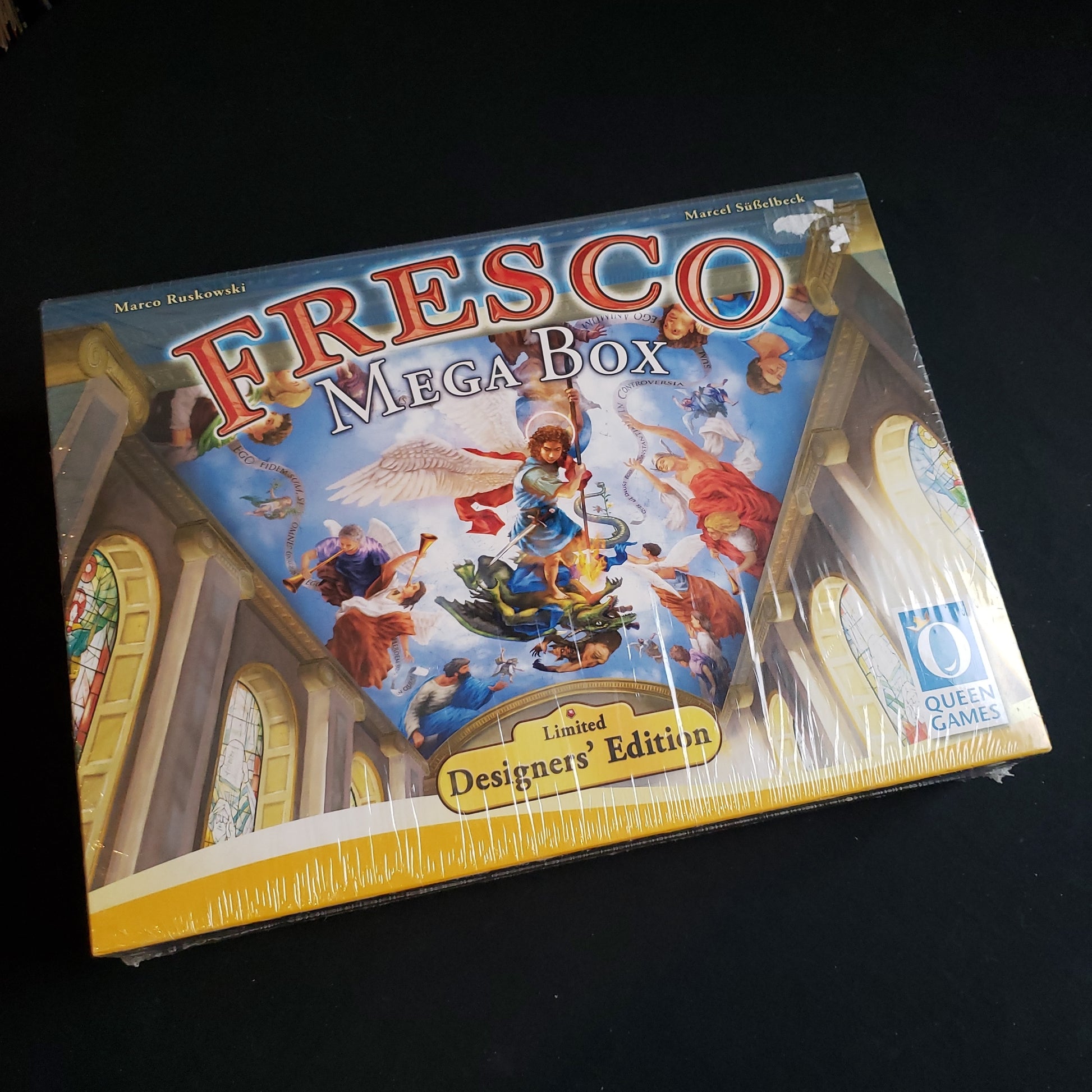Image shows the front cover of the box of the Mega Box Limited Edition of the board game Fresco