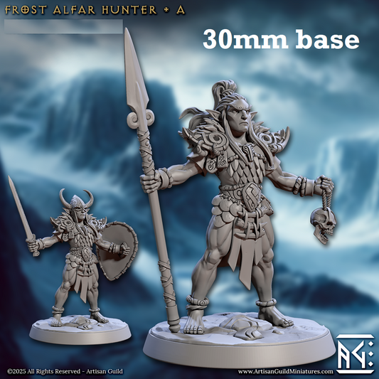 Image shows 3D renders of two sculpt options for a elf barbarian gaming miniature.