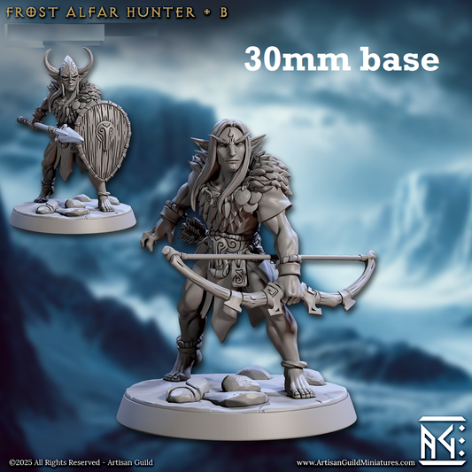 Image shows 3D renders of two sculpt options for a elf ranger gaming miniature.