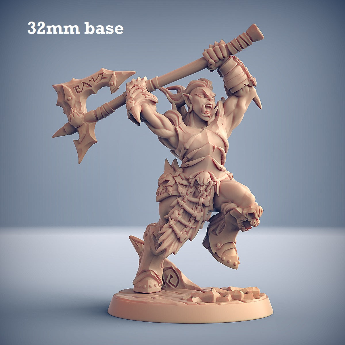 Image shows a 3D render of an orc barbarian gaming miniature