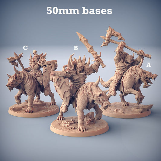 Image shows 3D renders for three different sculpt options of a gaming miniature featuring an orc warrior riding a wolf beast