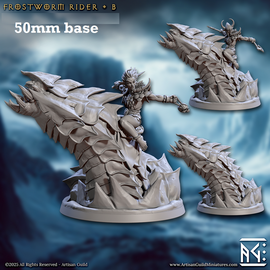 Image shows 3D renders of two sculpt options for a gaming miniature of an elf rogue riding a worm beast