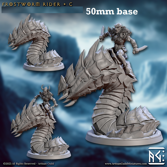 Image shows 3D renders of two sculpt options for a gaming miniature of an elf rogue riding a worm beast