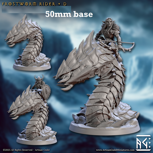 Image shows 3D renders of two sculpt options for a gaming miniature of an elf ranger riding a worm beast