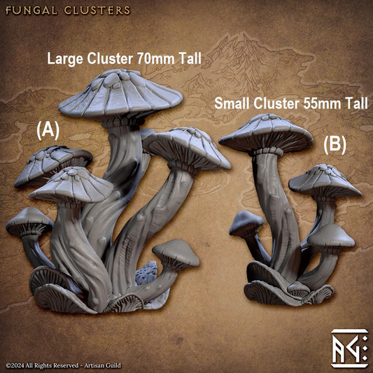Image shows 3D renders for two options for mushroom cluster gaming miniature terrain