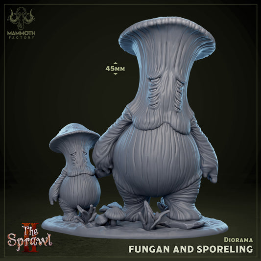 Image shows a 3D render of a gaming miniature diorama featuring a large and small mushroom person holding hands