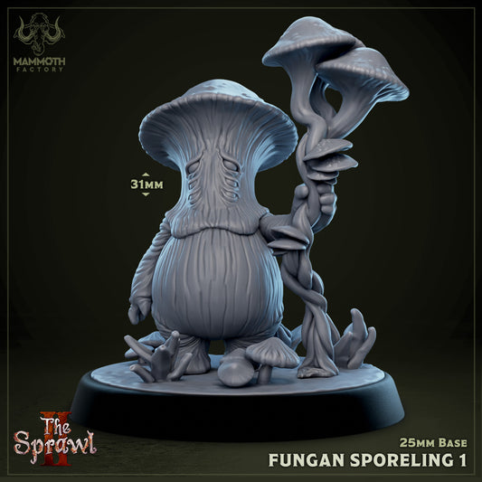 Image shows a 3D render of a mushroom man gaming miniature holding a staff also made of mushrooms