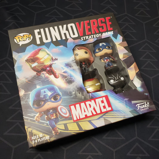 Image shows the front cover of the box for the Funkoverse Strategy Game: Marvel 100 4-Pack board game