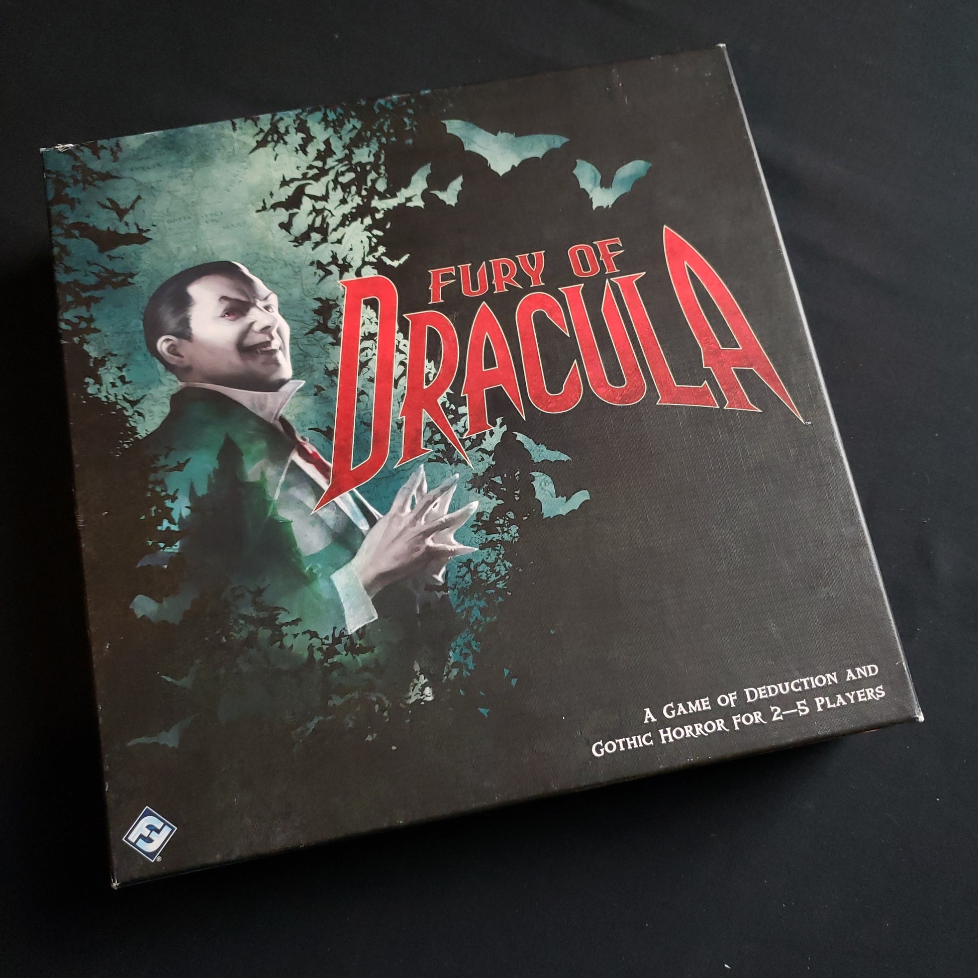 Image shows the front cover of the box of the Fury of Dracula board game