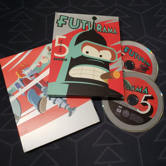 Image shows the case, outer box & two discs for the Volume 5 set of the TV series Futurama on DVD