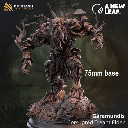 Image shows an 3D render of a bearded treant gaming miniature with mushrooms growing out if it