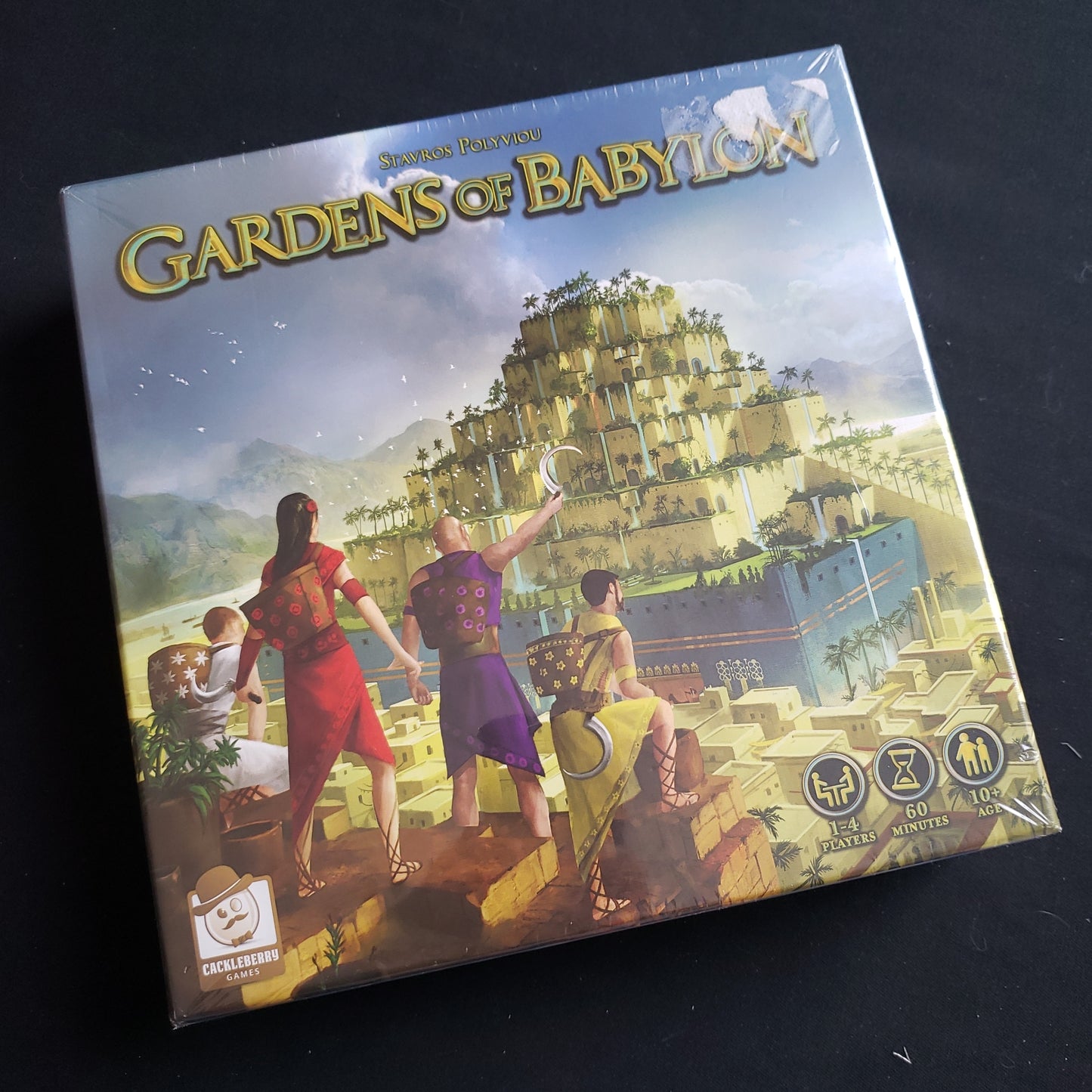 Image shows the front cover of the box of the Gardens of Babylon board game