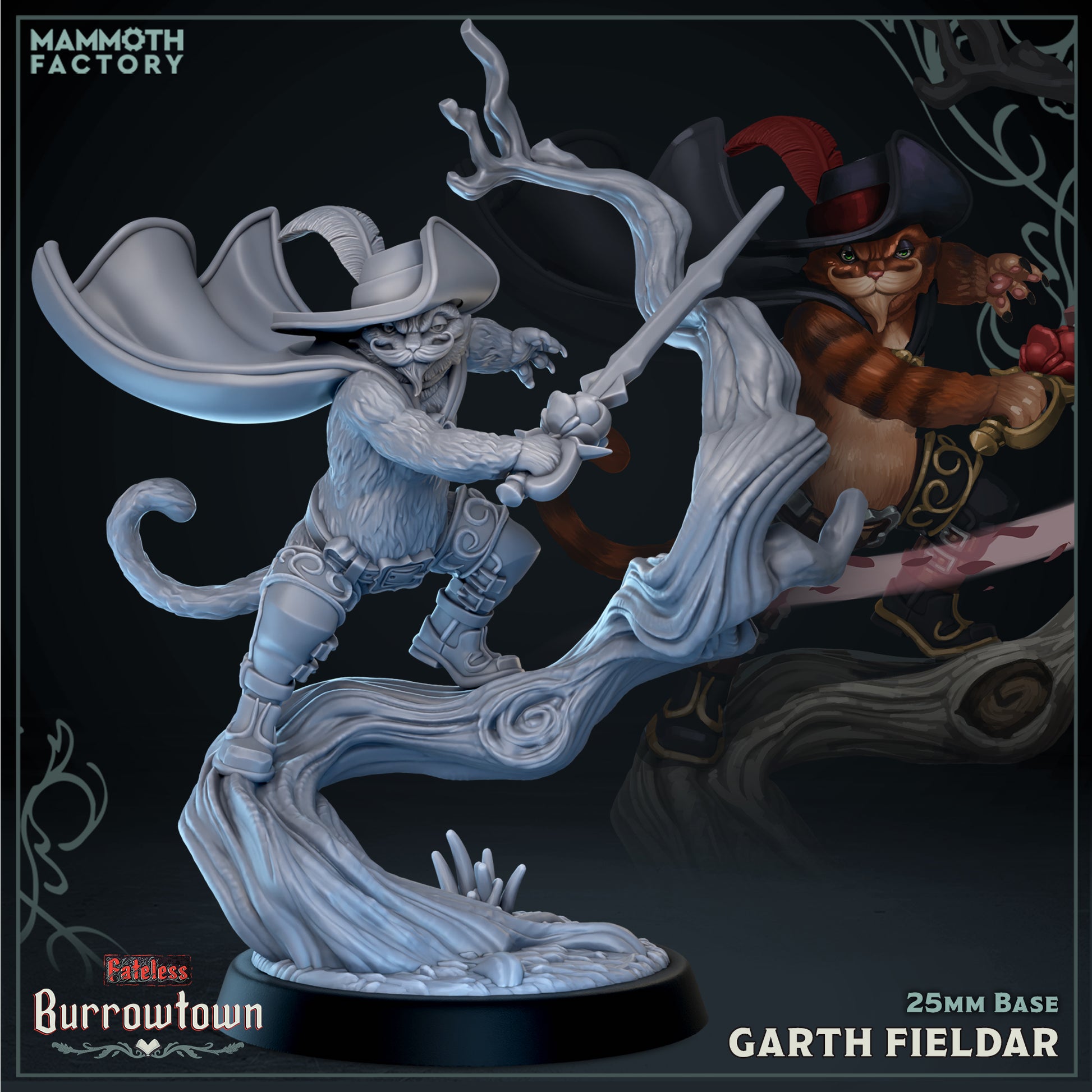 Image shows a 3D render of a cat swordsman gaming miniature.