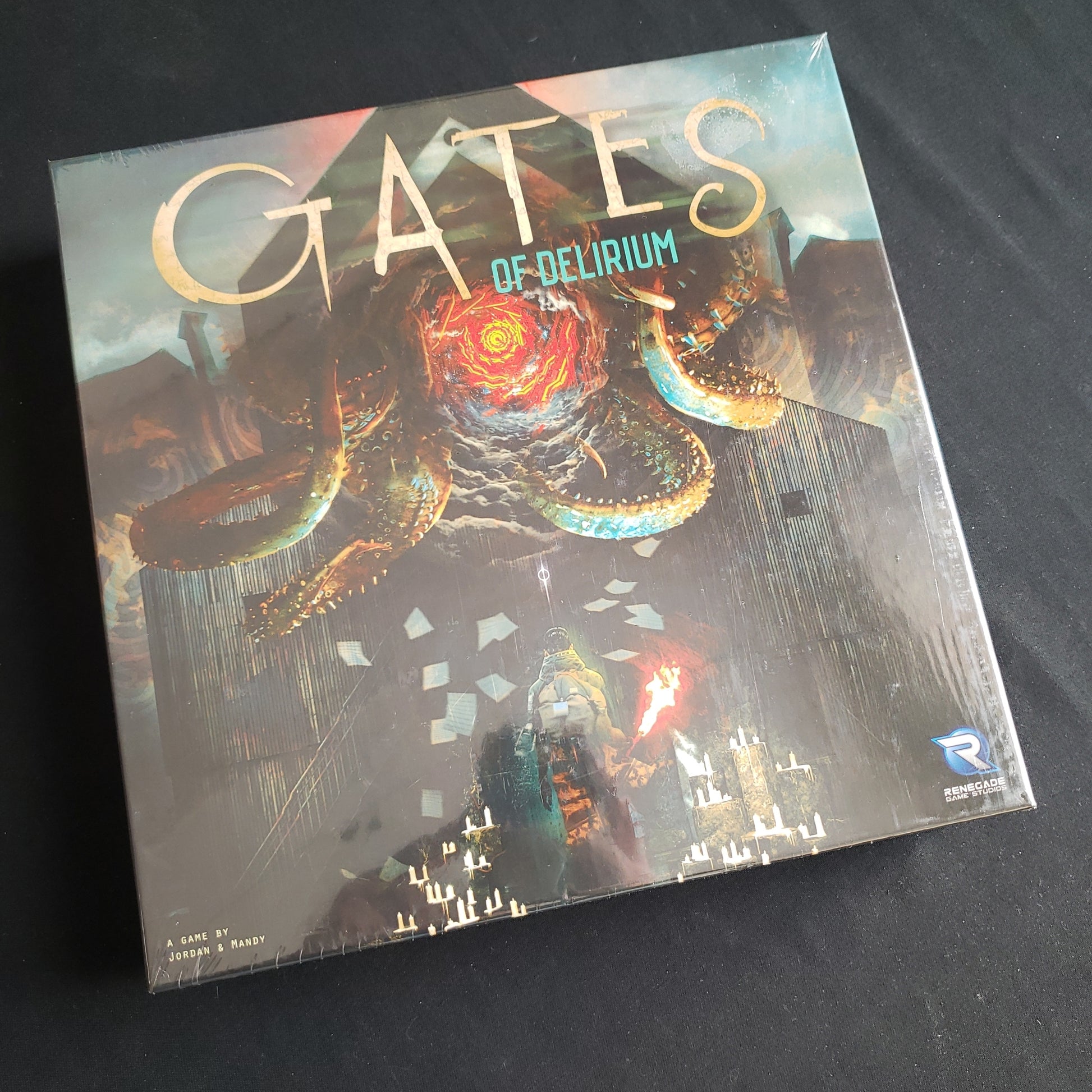 Image shows the front cover of the box of the Gates of Delirium board game