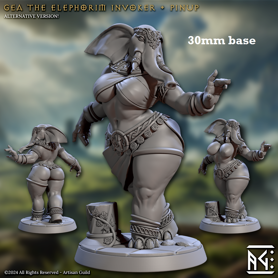 Image shows 3D renders of two different sculpt options for a loxodon cleric gaming miniature