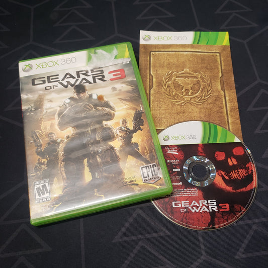Image shows the case, manual and disc for the video game Gears of War 3 for Xbox 360