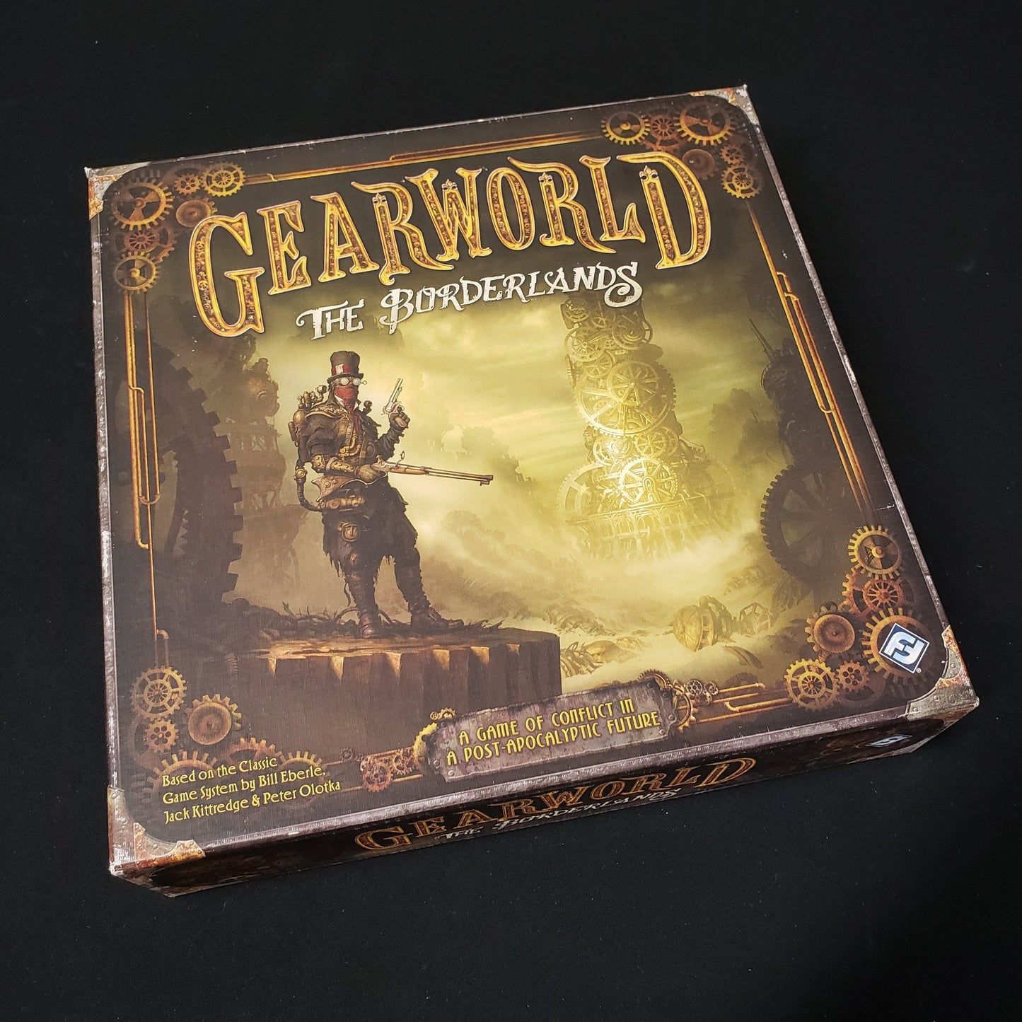 Image shows the front cover of the box of the Gearworld: The Borderlands board game