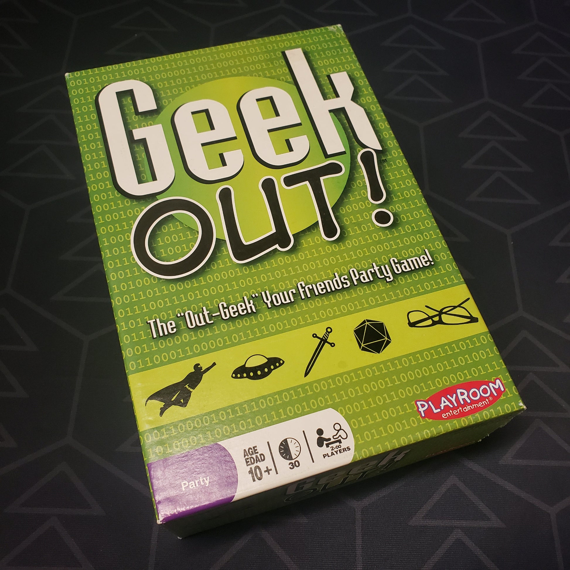 Image shows the front cover of the box of the Geek Out! board game