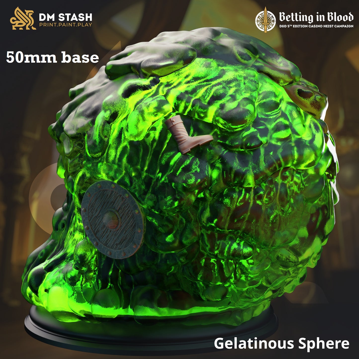 Image shows a 3D render of a gelatinous sphere gaming miniature