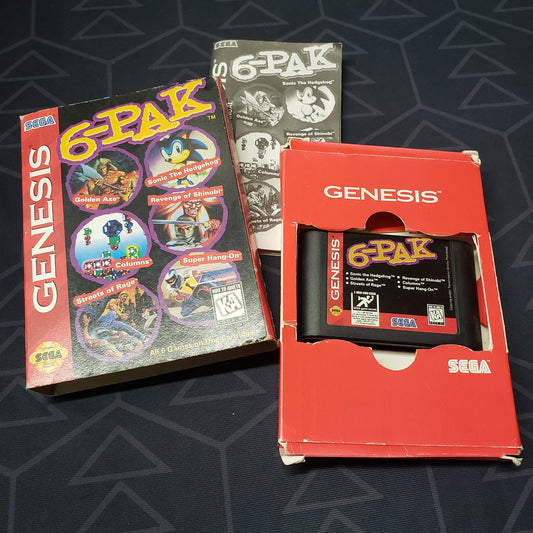 Image shows the outer & inner box, manual and cartridge for the video game Genesis 6-Pak for Sega Genesis