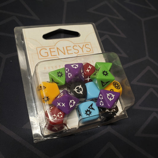 Image shows the front of the package of the Dice Pack for the Genesys Roleplaying Game