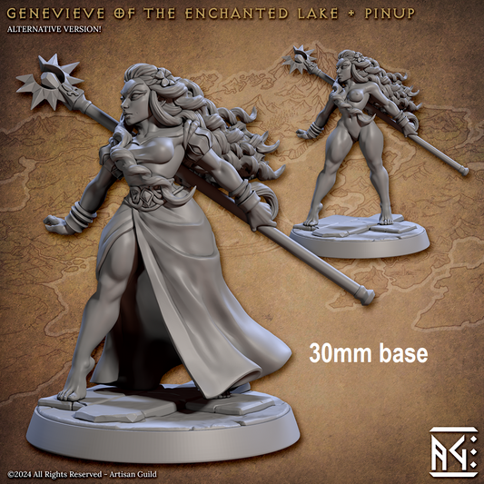 Image shows 3D renders of two different options for a human priestess gaming miniature holding a magic staff, one wearing a dress, and the other a nude pinup version