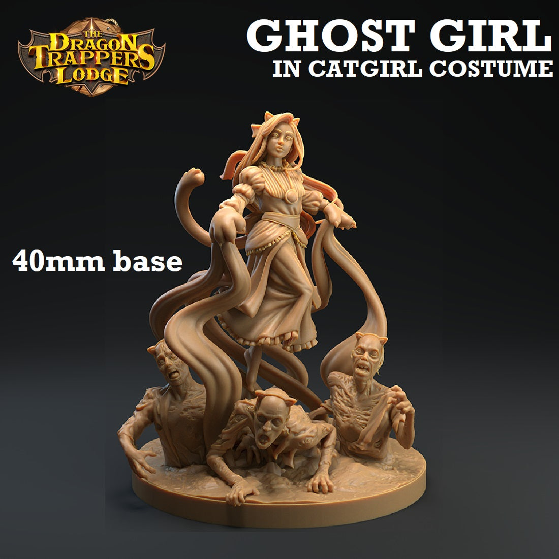 Image shows a 3D render of a ghost girl gaming miniature floating over three zombies, wearing a catgirl costume