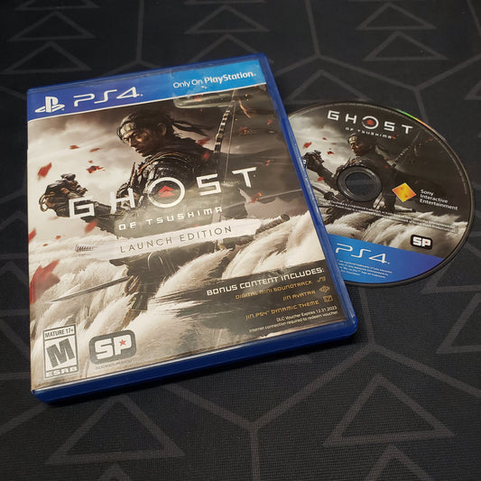 Image shows the case and disc for the video game Ghost of Tsushima for Playstation 4