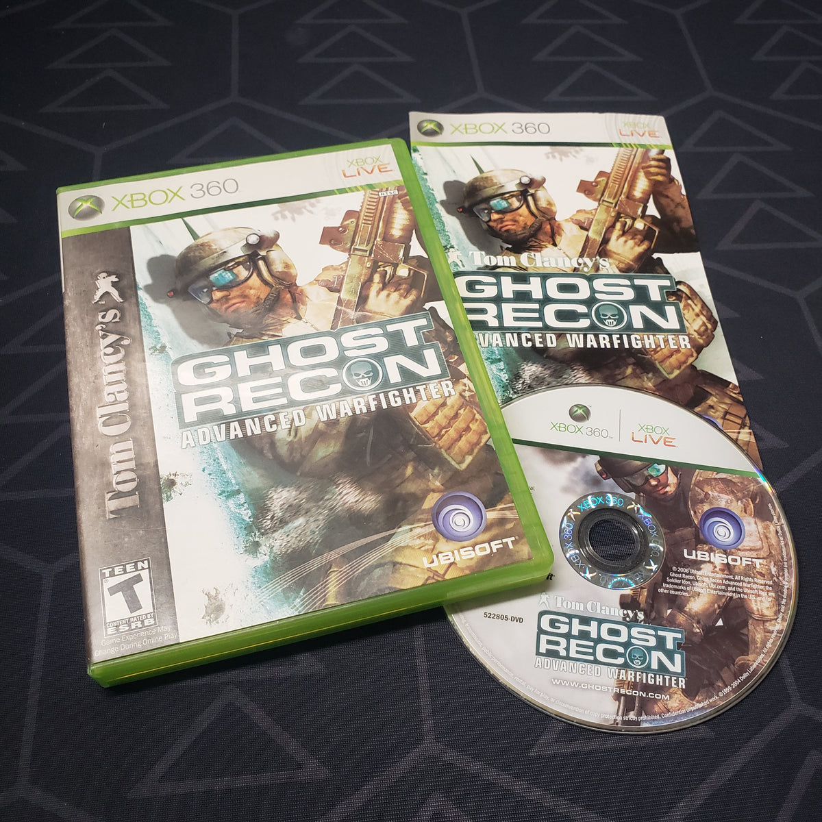 Image shows the case, manual and disc for the video game Ghost Recon: Advanced Warfighter for Xbox 360
