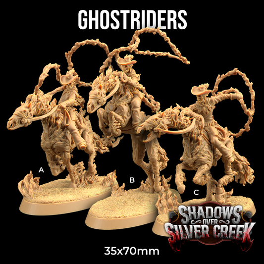 Image shows 3D renders for 3 different sculpt options for a gaming miniature of a flaming skeleton cowboy riding a skeleton horse