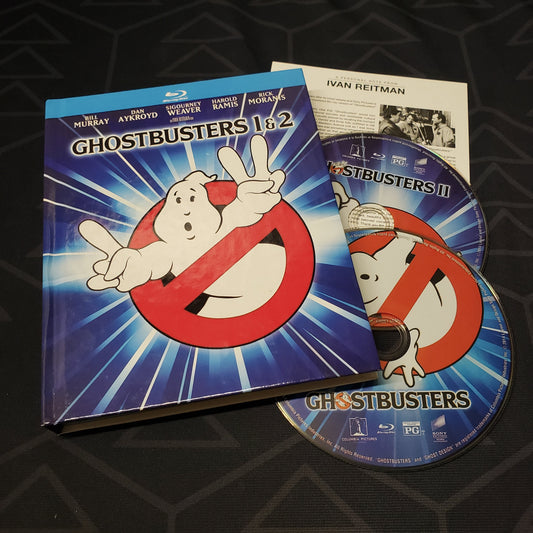 Image shows the case & two discs for the movie set of Ghostbusters 1 + 2 on Blu-Ray